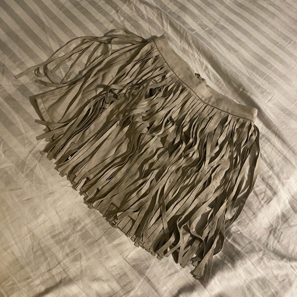 Suede fringed beige mini skirt.  Brand new.